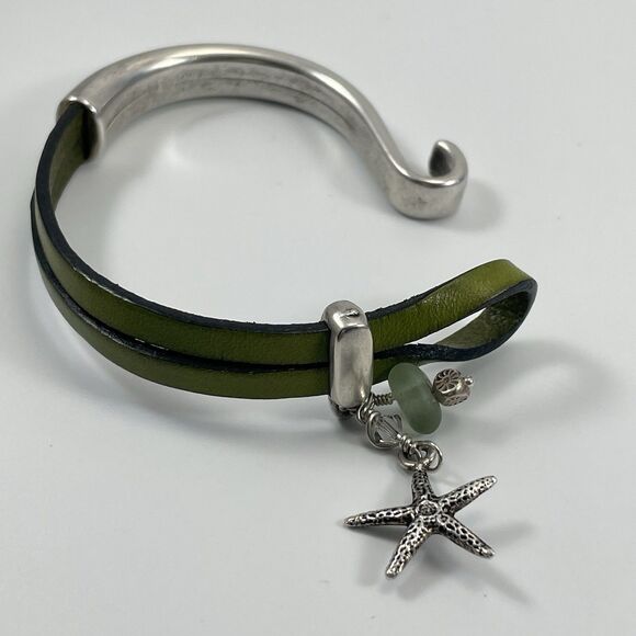 Montana Leather Designs Green Leather Sterling Side Hook Starfish Charm Bracelet - Picture 6 of 7